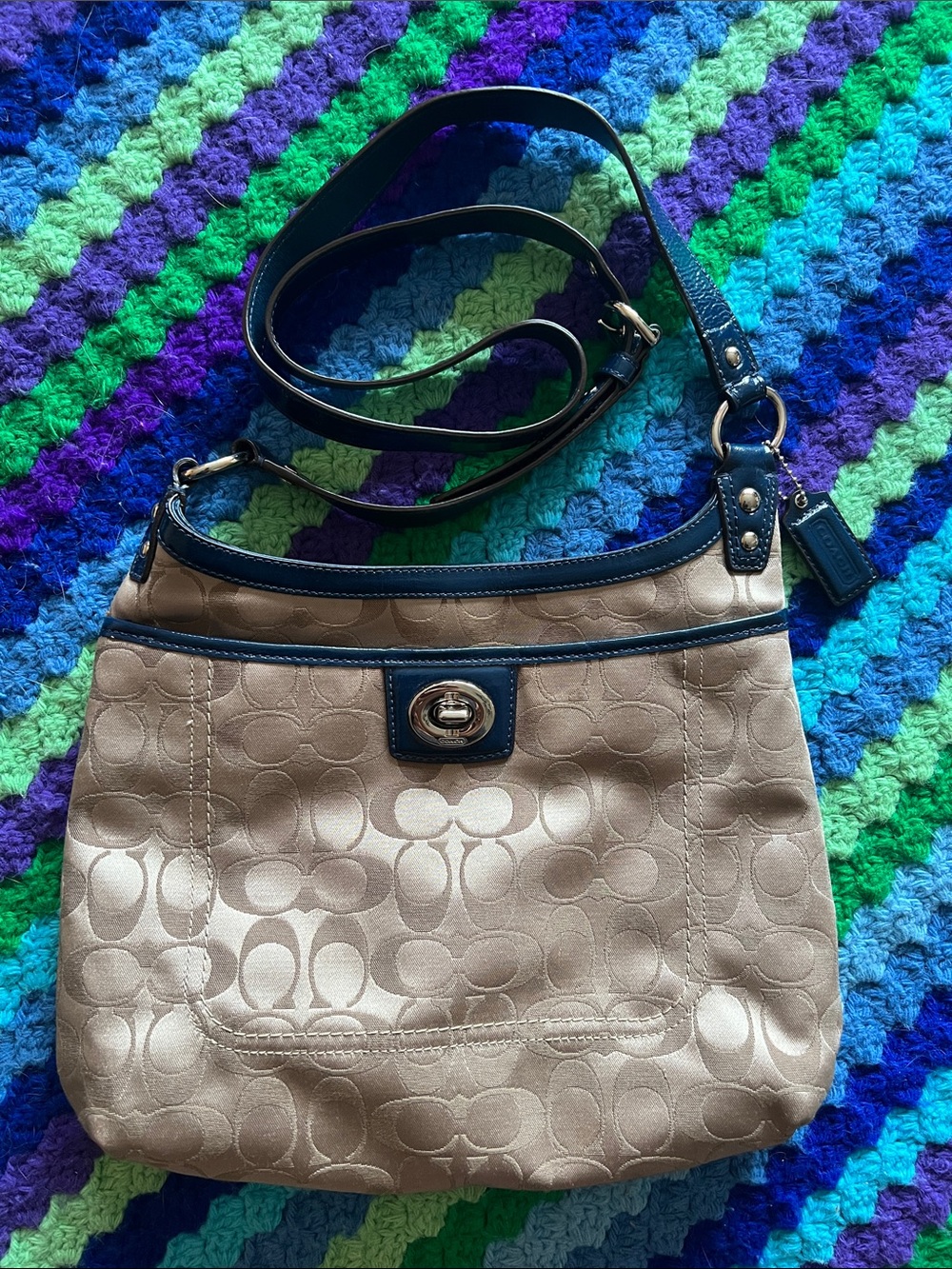 Coach Tan Signature Shoulder Bag with Navy Trim
